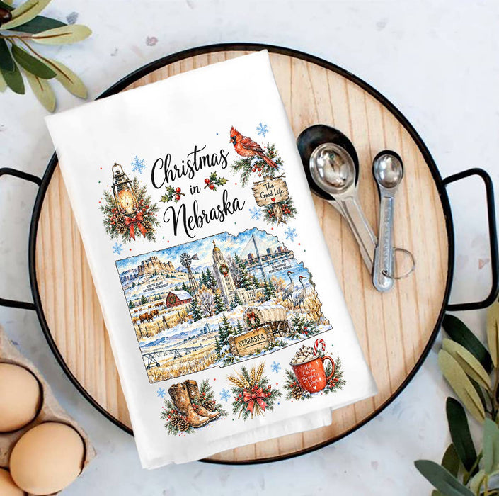 Christmas in Nebraska State Map Tea Towel
