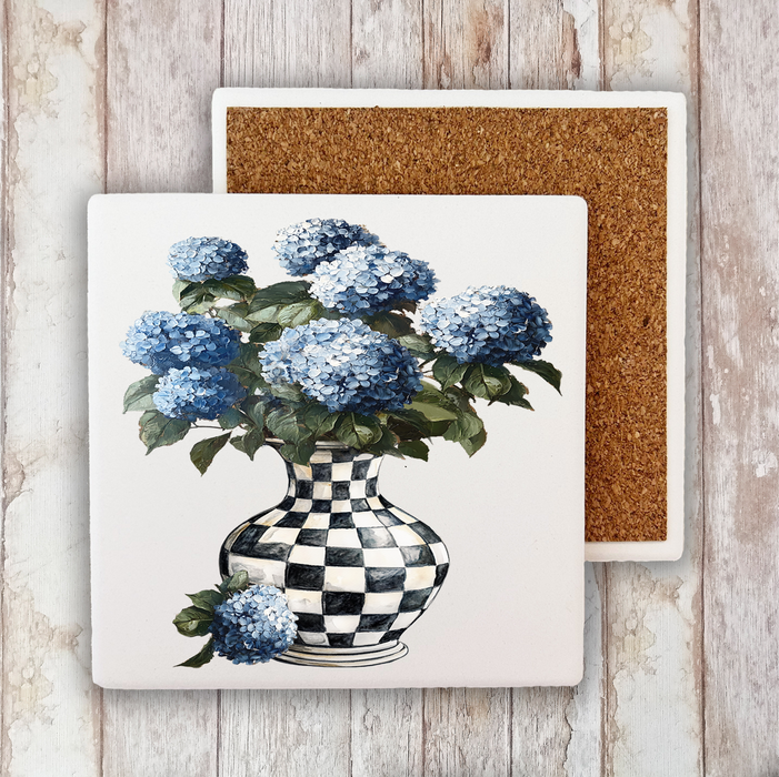 Checkered Vase with Blue Hydrangeas Stone Coaster