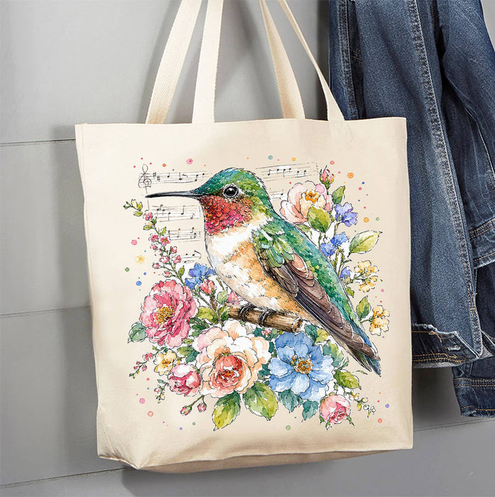 Spring Flowers Hummingbirds Musical Canvas Tote Bag