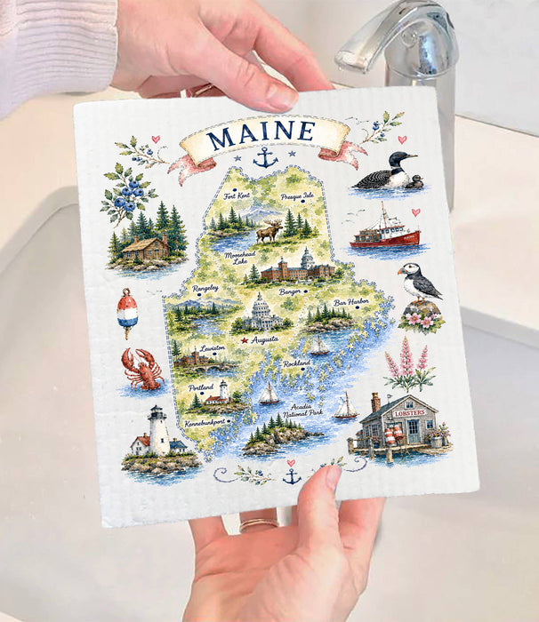 Maine State Map Landmark Swedish Dishcloth