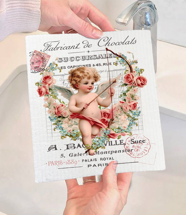 Vintage French Valentine Cupid Swedish Dishcloth