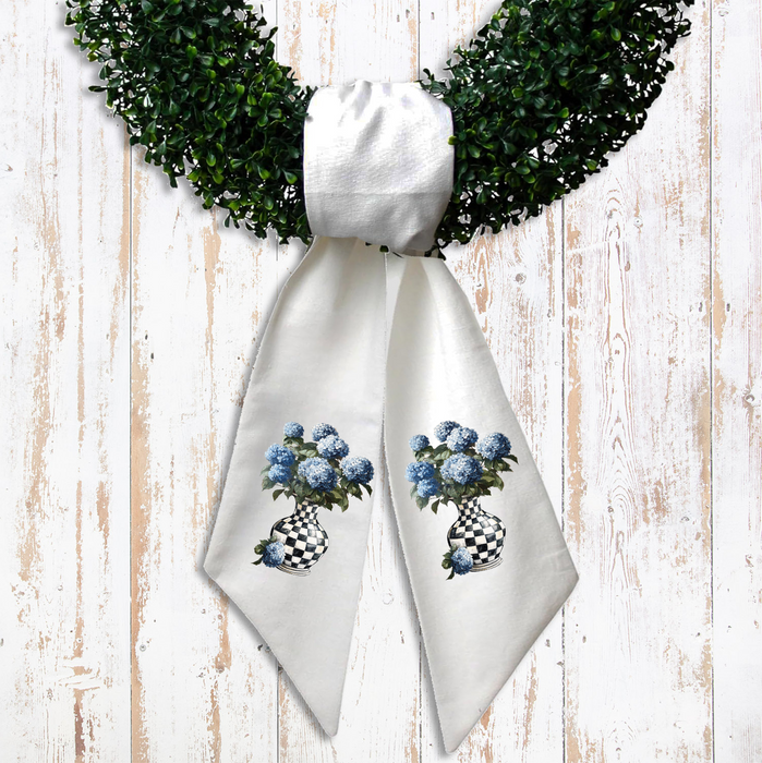Checkered Vase with Blue Hydrangeas Wreath Sash