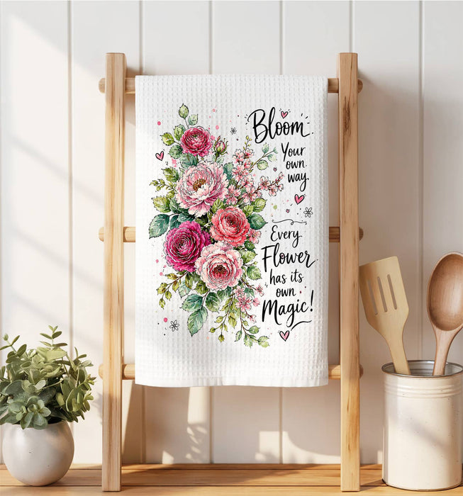 Bloom your own Way Watercolor Roses Waffle Weave Towel