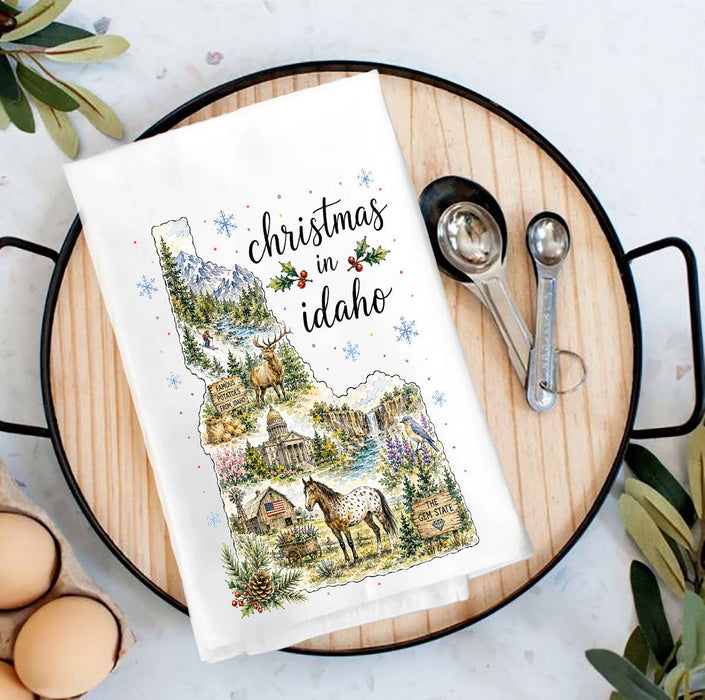 Christmas in Idaho State Map Tea Towel