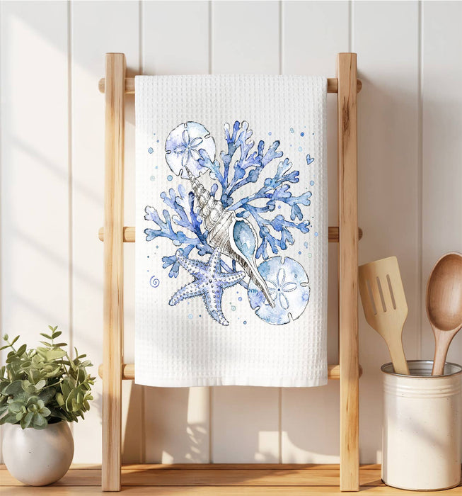 Coastal Blue Sand Dollar Sea Shells Waffle Weave Towel