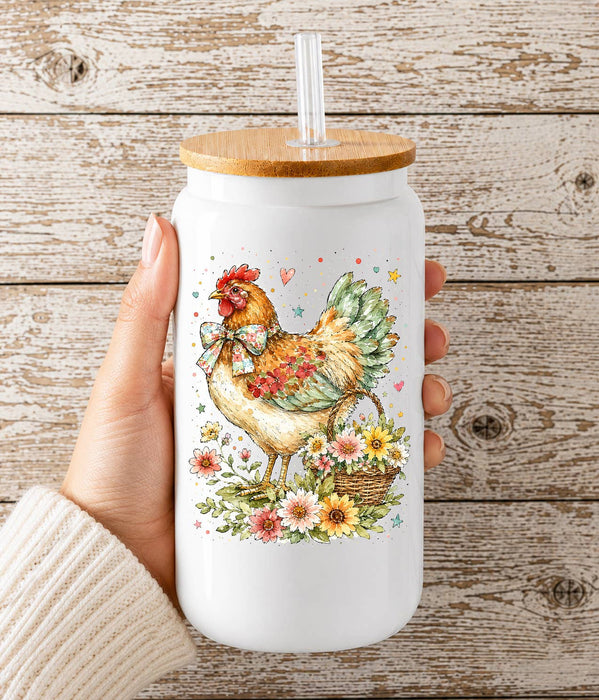 Watercolor Country Hen Flowers Glass Cup
