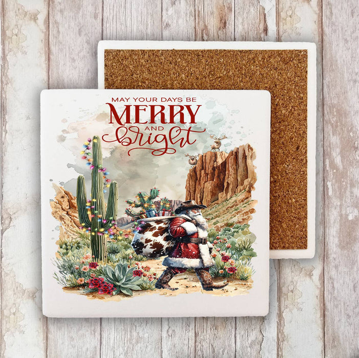 Christmas Cowboy Santa Cactus Desert Stone Coaster