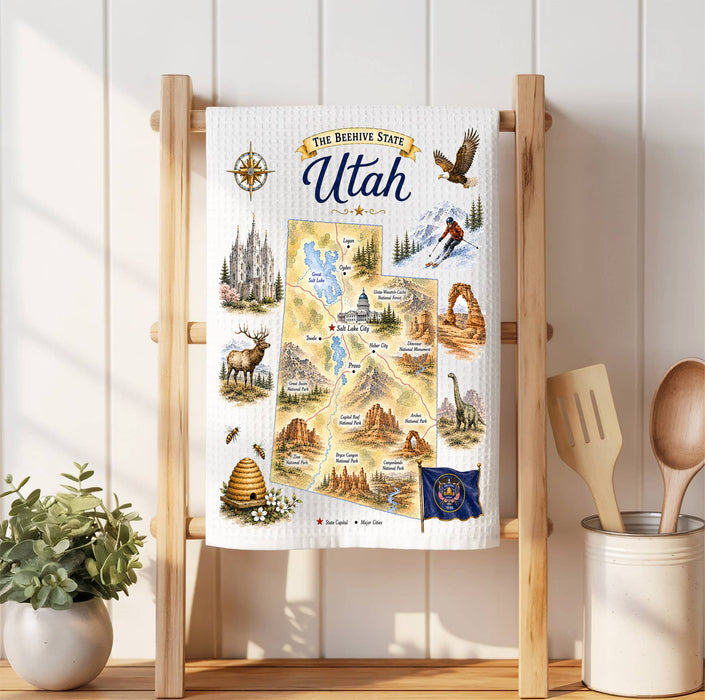 Utah State Map Landmark Waffle Weave Towel