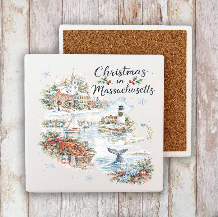 Christmas in Massachusetts State Map Stone Coaster