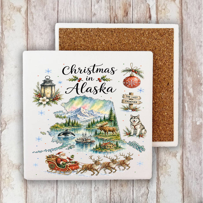 Christmas in Alaska State Map Stone Coaster