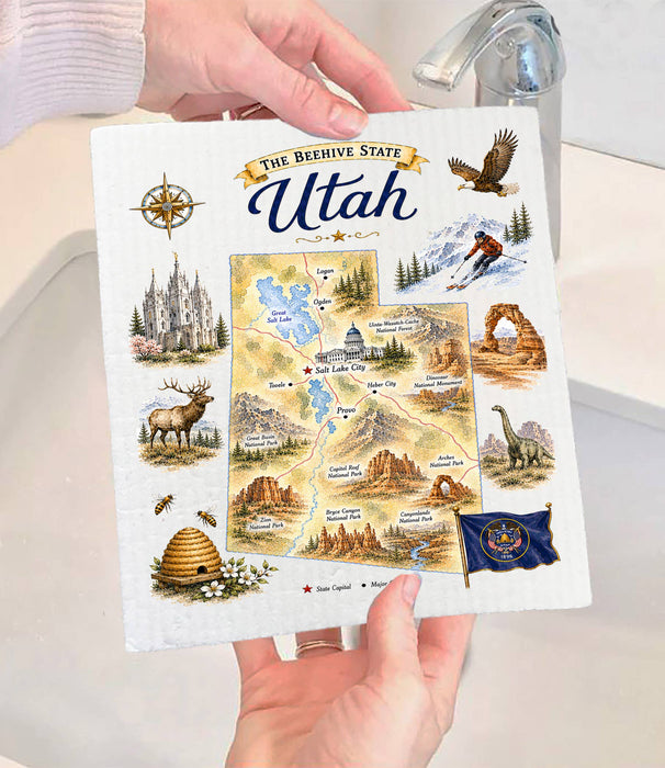Utah State Map Landmark Swedish Dishcloth
