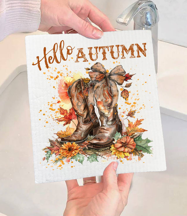 Hello Autumn Fall Cowboy Boots Swedish Dishcloth