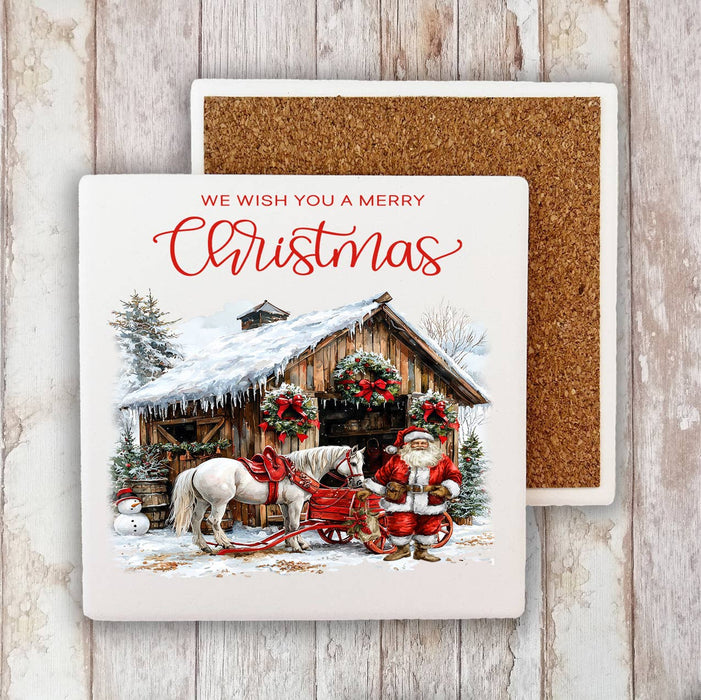 Merry Christmas Horse Barn Santa Stone Coaster