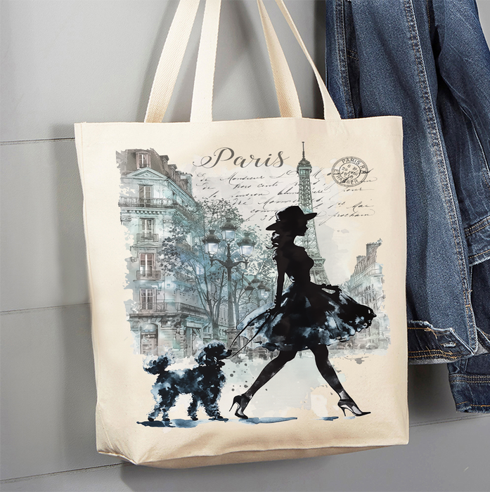 Paris French Girl Walking Dog Canvas Tote Bag