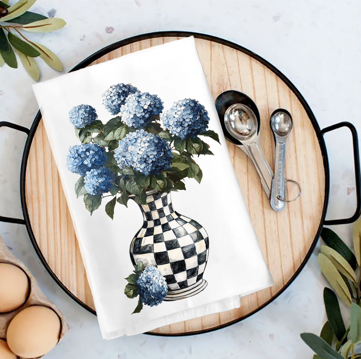 Checkered Vase with Blue Hydrangeas Tea Towel