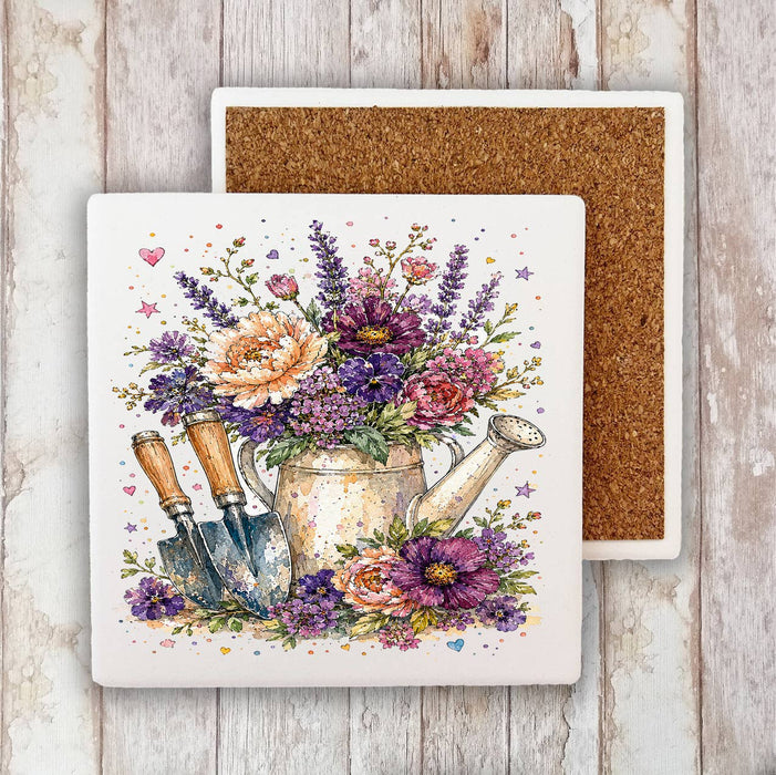 Watercolor Flower Watering Can Garden Stone Coaster