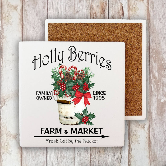 Holly Berries Farm Christmas Stone Coaster