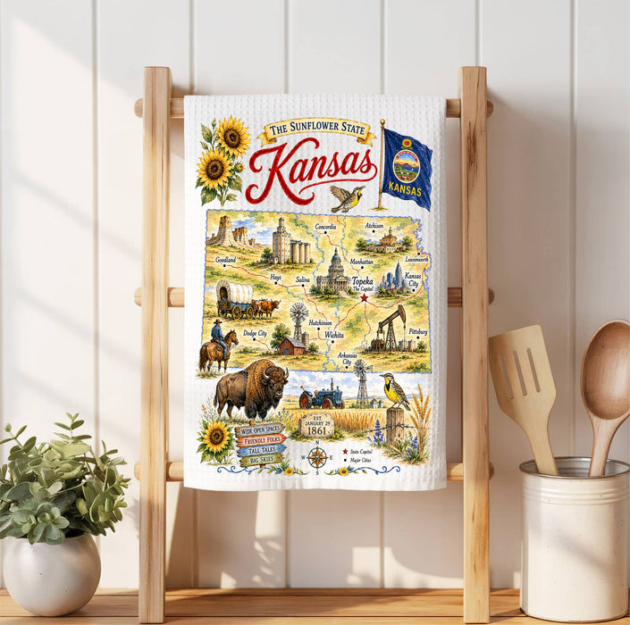 Kansas State Map Landmark Waffle Weave Towel