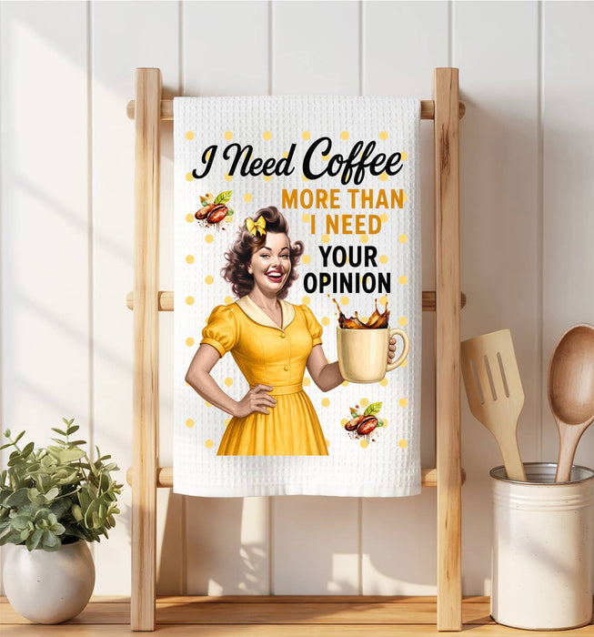 Retro Funny Need Coffee Not Opinion Waffle Weave Towel