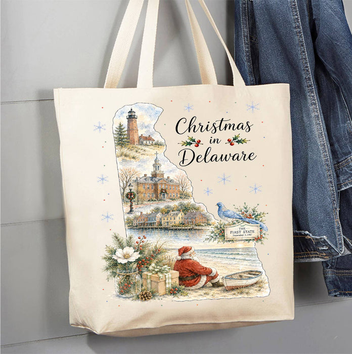 Christmas in Delaware State Map Canvas Tote Bag