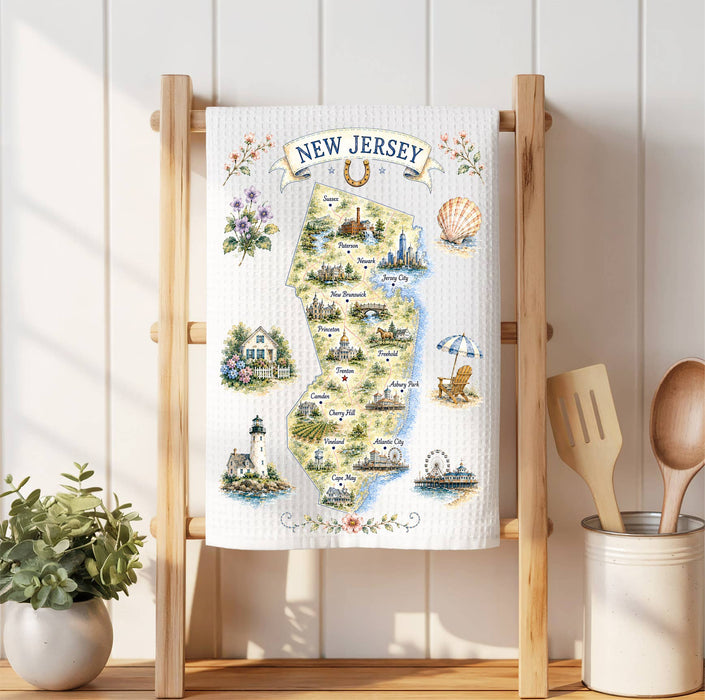 New Jersey State Map Landmark Waffle Weave Towel