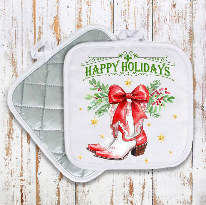 Christmas Happy Holidays Cowboy Boot Pot Holder