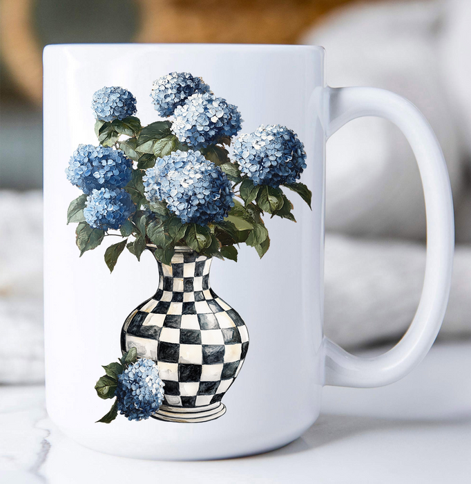 Checkered Vase with Blue Hydrangeas Coffee Mug