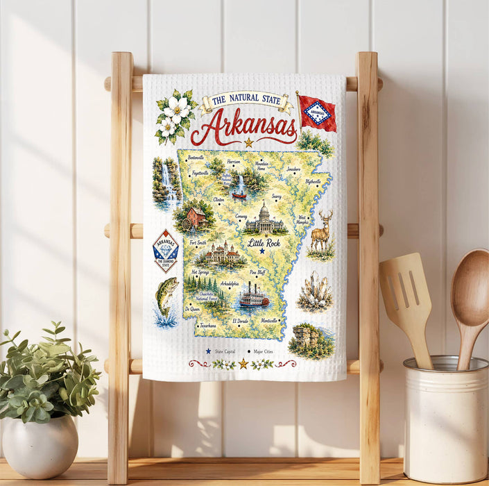 Arkansas State Map Landmark Waffle Weave Towel