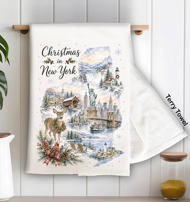 Christmas in New York State Map Kitchen Terry Towel