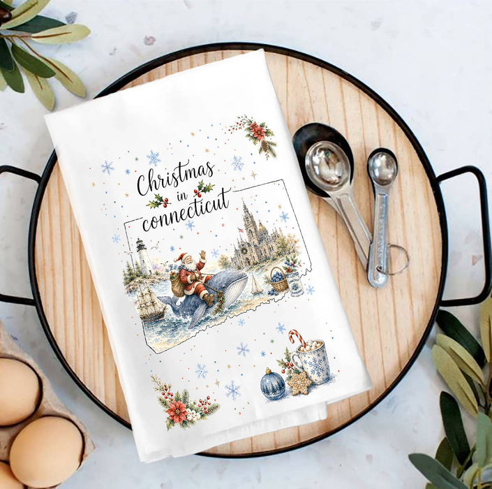 Christmas in Connecticut State Map Tea Towel