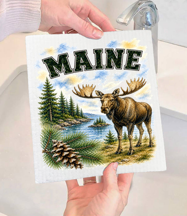 Maine State Bird and Animal Swedish Dishcloth
