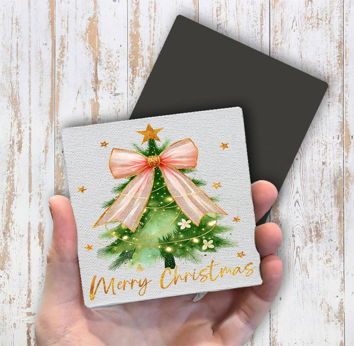 Merry Christmas tree Bow Gold  Magnet Fridge