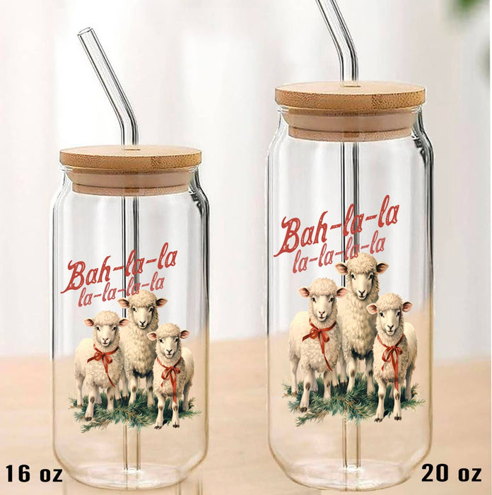 Christmas Bah La La La Sheep Can Glass with Lid Straw
