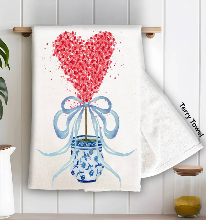 Chinoiserie Blue & White Hearts Topiary Terry Towel