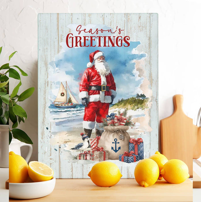 Coastal Christmas Santa on beach Glass Cutting Board
