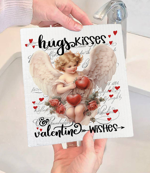 Vintage Angel Cupid Hugs Kisses Valentine Swedish Dishcloth