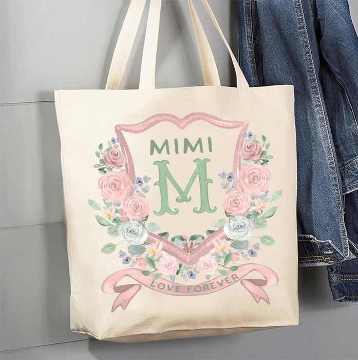 Mother's Day Mimi Floral Crest Canvas Tote Bag