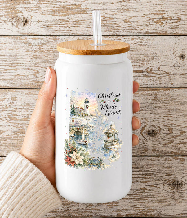 Christmas in Rhode Island State Map Glass Cup