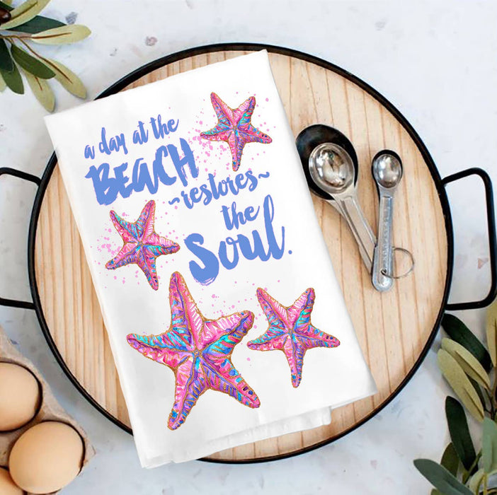Day at beach restores Soul Starfish Tea Towel