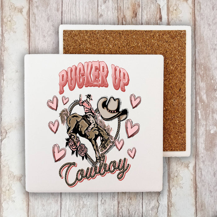 Valentine Pucker Up Cowboy Western Stone Coaster