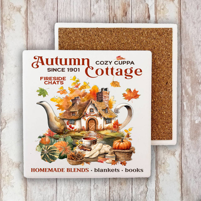 Autumn Fall Tea Cottage Stone Coaster