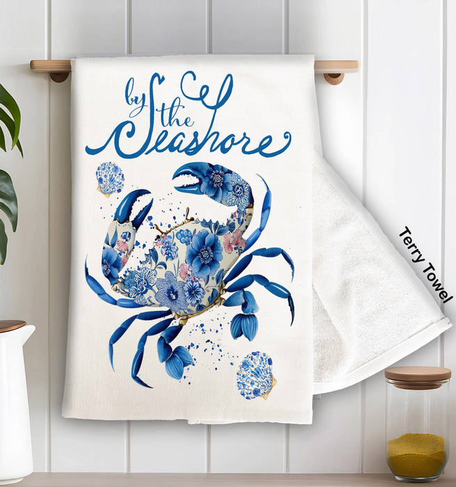 Floral Blue Crab by the Seashore Kitchen Terry Towel