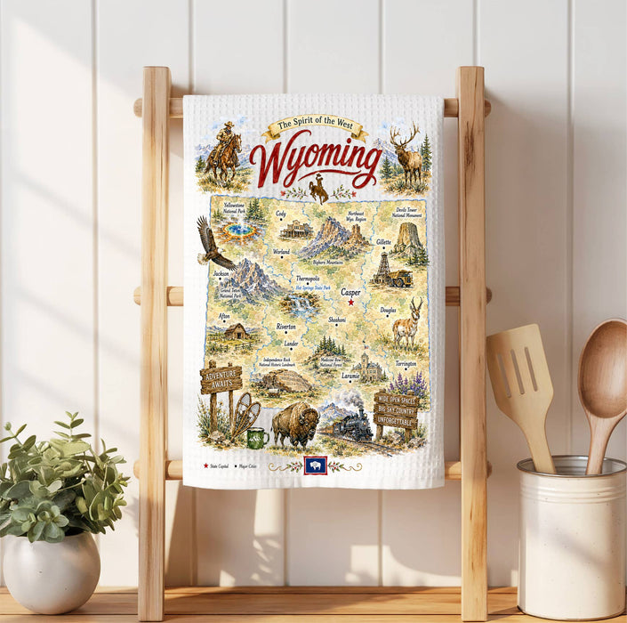 Wyoming State Map Landmark Waffle Weave Towel