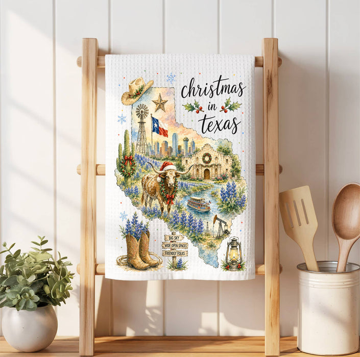 Christmas in Texas State Map Waffle Weave Towel