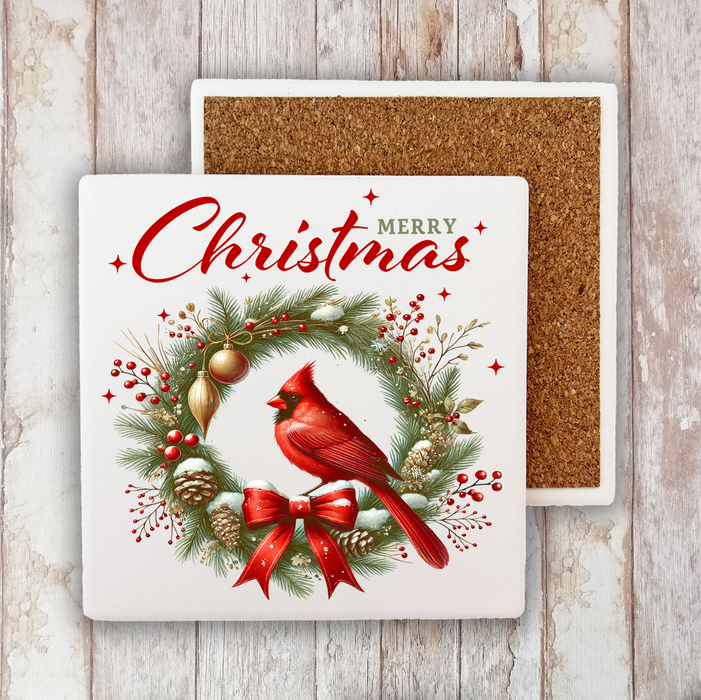 Merry Christmas Wreath Cardinal Bird Stone Coaster