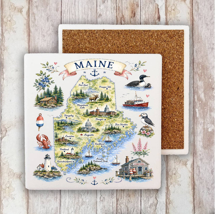Maine State Map Landmark Stone Coaster