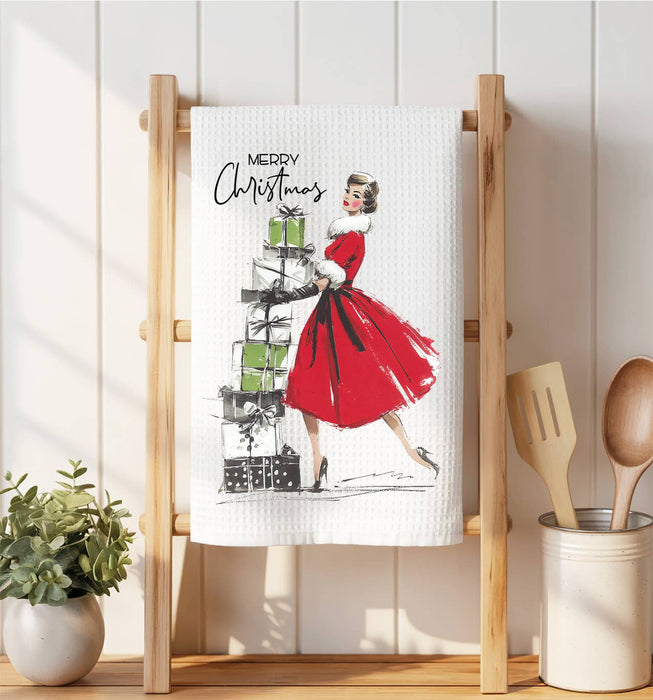 Retro Christmas 1950 Ladies Waffle Weave Towel