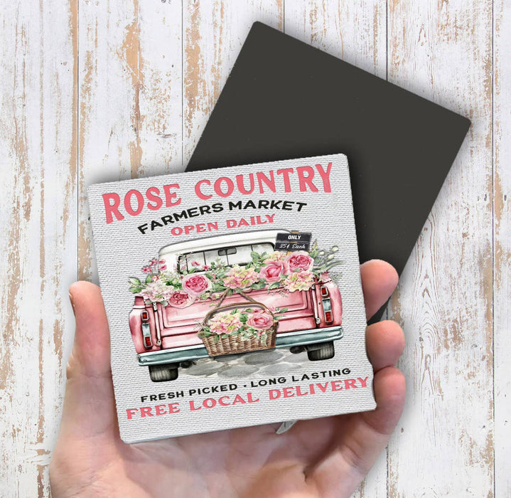 Country Rose Pink Pick Up Truck Magnet Fridge