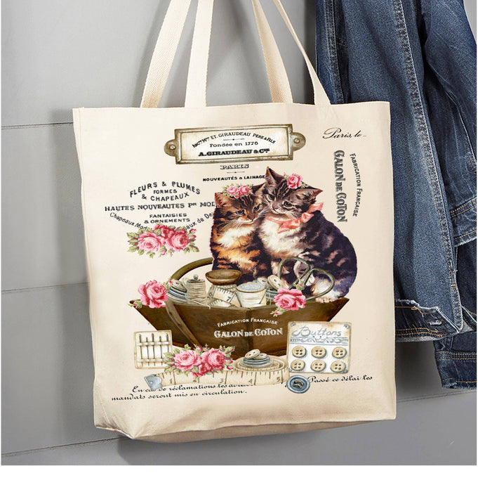 Country Vintage Fench Kittens Cats Canvas Tote Bag