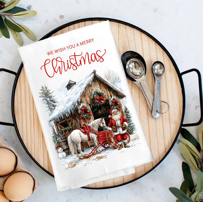 Merry Christmas Horse Barn Santa Tea Towel